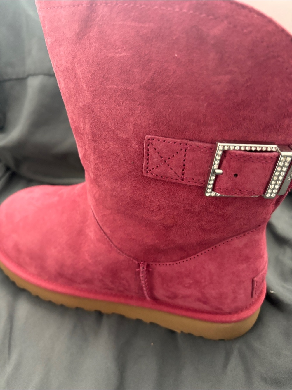 UGG Women's Suede Ankle Boot with Rhinestone Buckle - Garnet